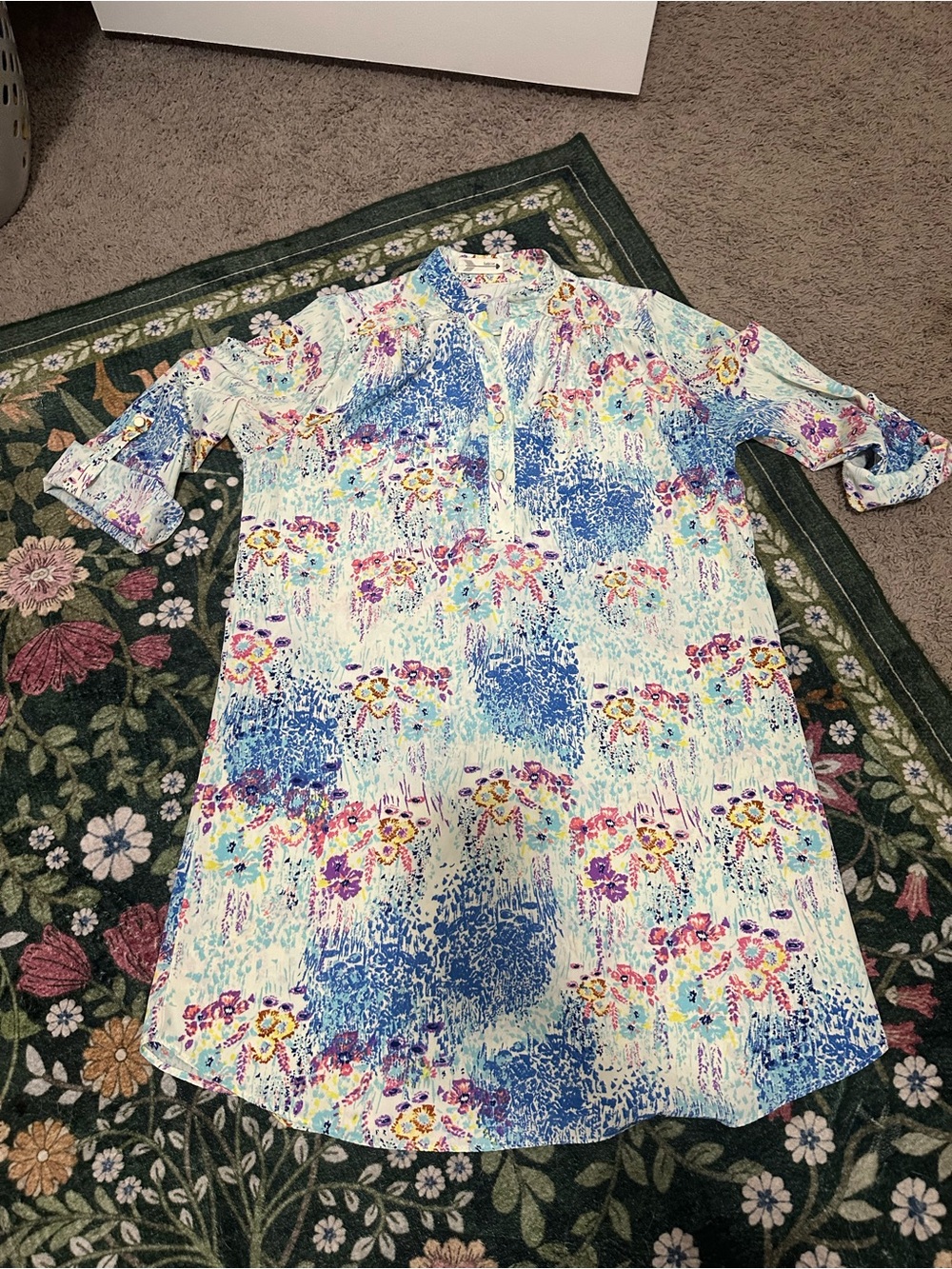 Women’s Floral & Watercolor Print Tunic Dress in Blue